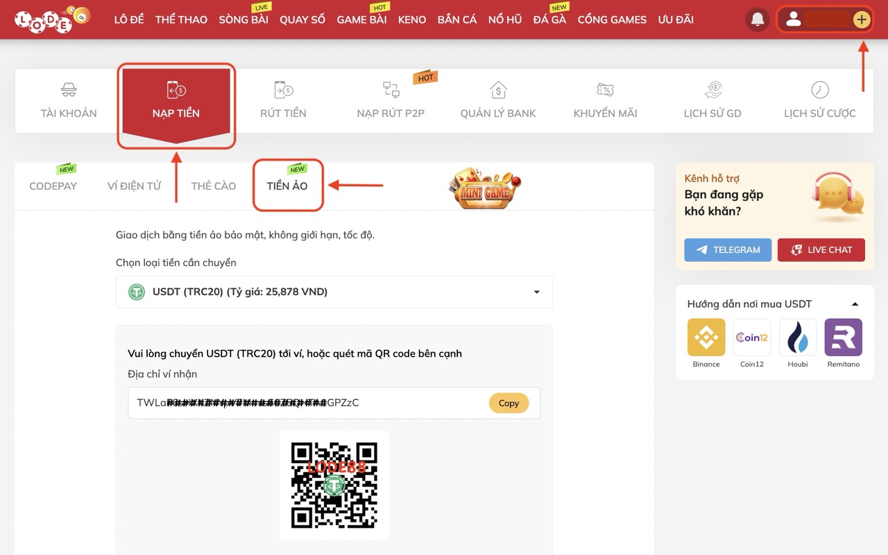 Hướng dẫn nạp tiền ảo vào Lode88 từ sàn Coin12 bước 1