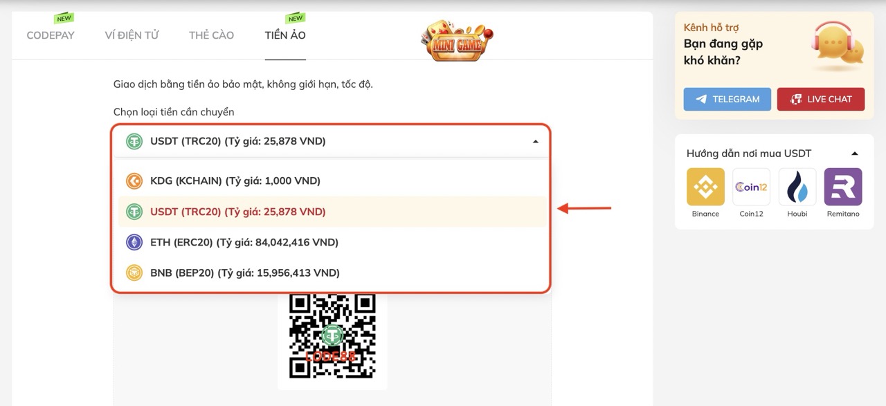 Hướng dẫn nạp tiền ảo vào Lode88 từ sàn Coin12 bước 2