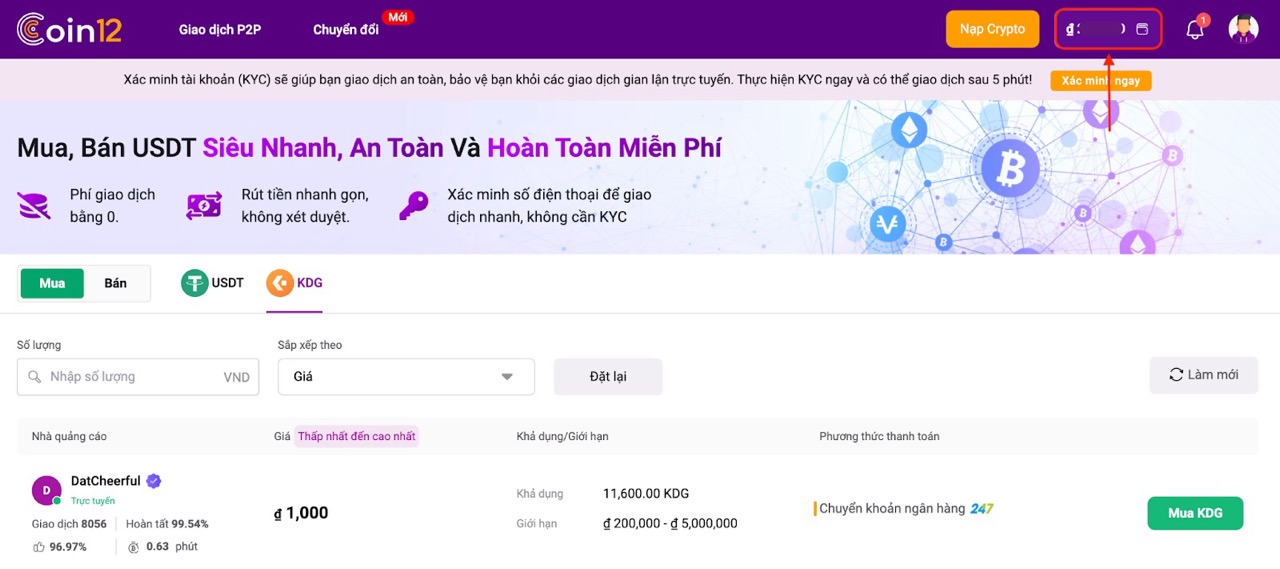 Hướng dẫn nạp tiền ảo vào Lode88 từ sàn Coin12 bước 4