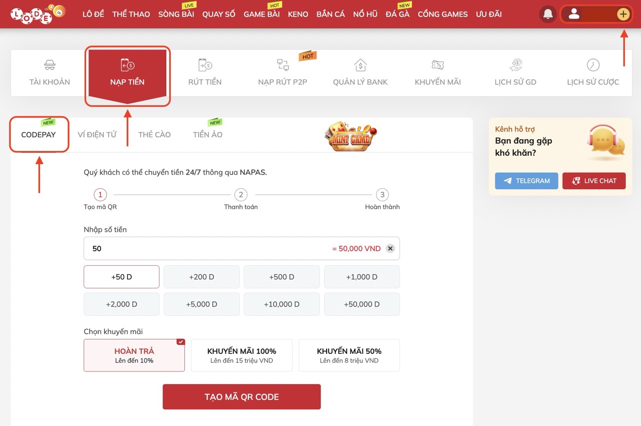 Hướng dẫn nạp tiền Codepay tại Lode88 bước 1