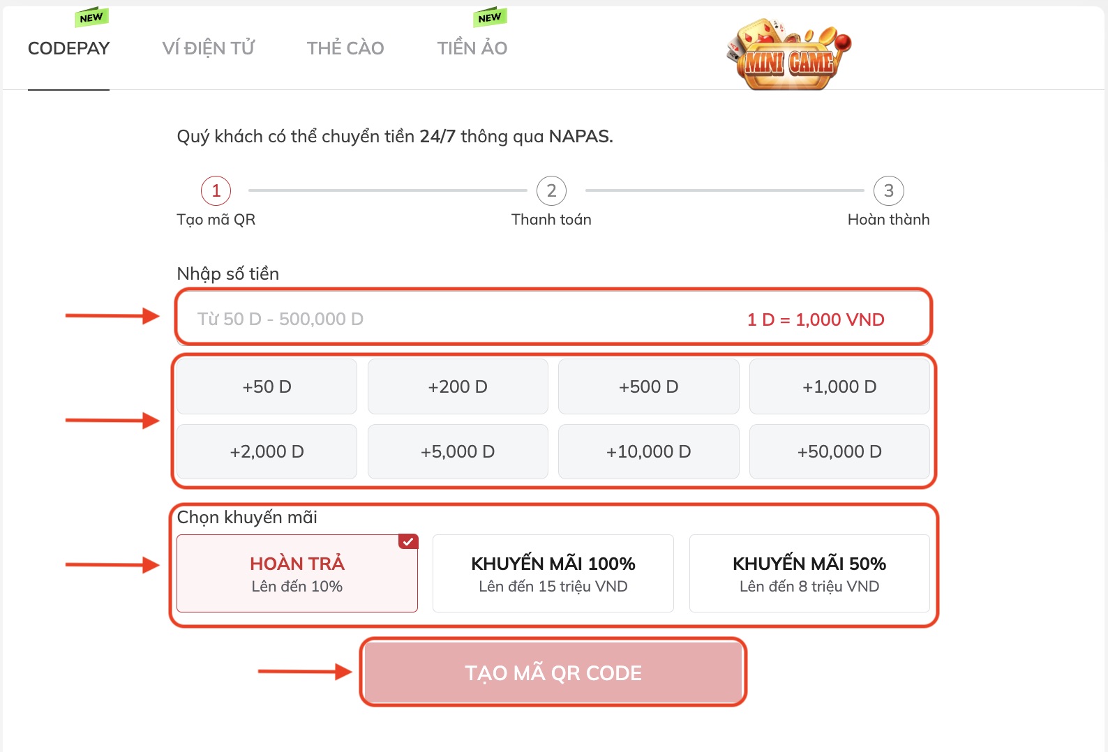 Hướng dẫn nạp tiền Codepay tại Lode88 bước 2