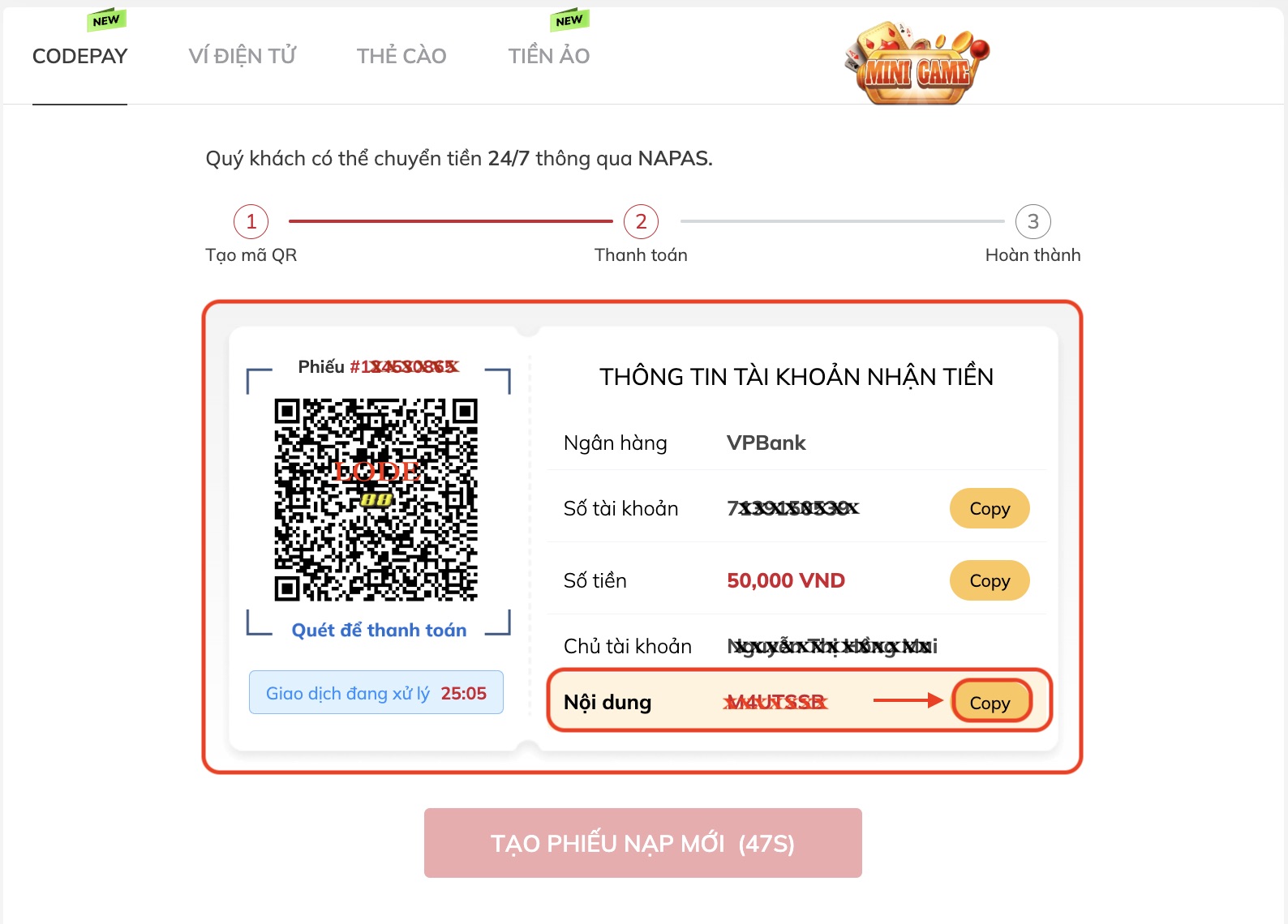 Hướng dẫn nạp tiền Codepay tại Lode88 bước 3