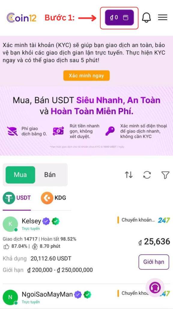 Hướng dẫn rút tiền ảo USDT từ LODE88 về sàn Coin12 bước 1