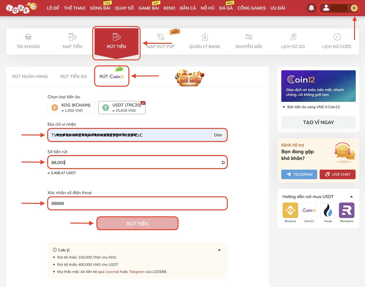 Hướng dẫn rút tiền ảo USDT từ LODE88 về sàn Coin12 bước 5