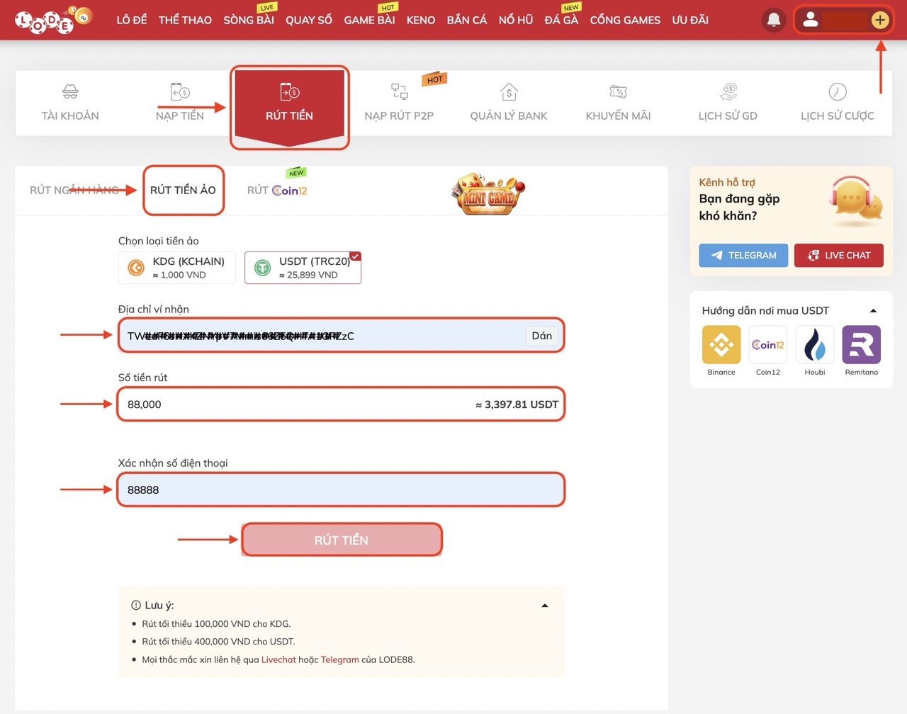 Hướng dẫn rút tiền ảo USDT từ LODE88 về sàn Coin98 bước 5