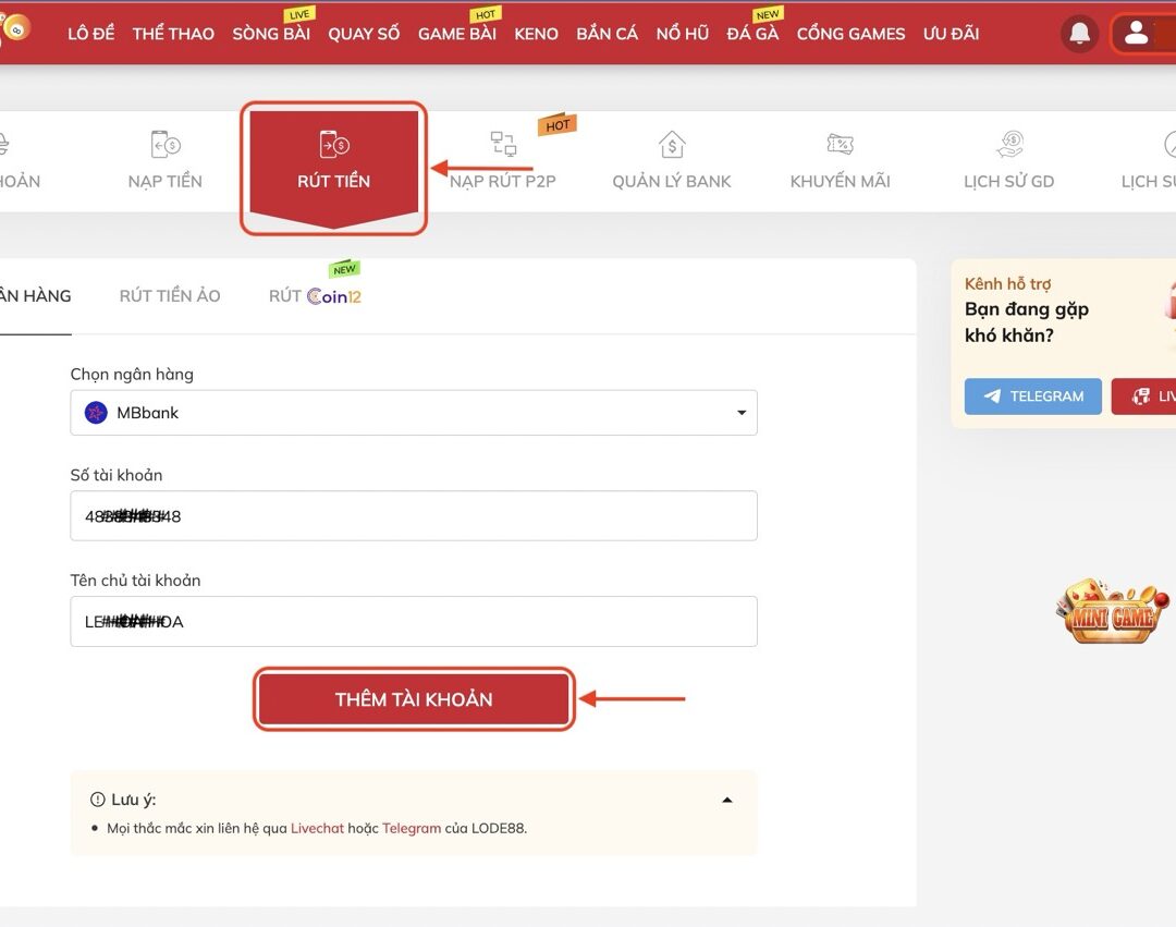 Hướng dẫn rút tiền từ Lode88 về tài khoản ngân hàng