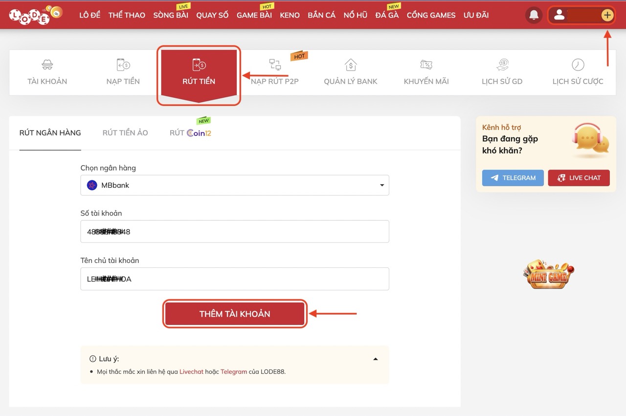 Hướng dẫn rút tiền từ Lode88 về tài khoản ngân hàng
