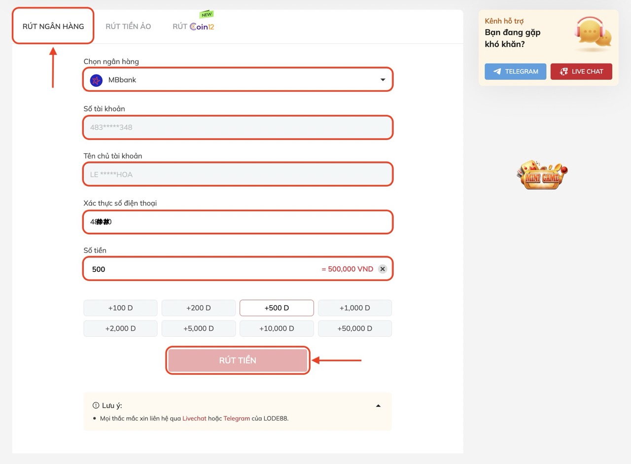 Rút tiền từ Lode88 về tài khoản ngân hàng